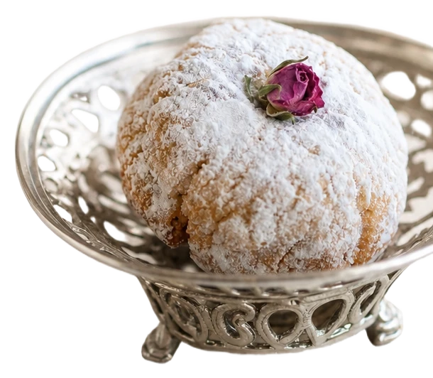 Ghriba poudrée de sucre glace surmontée d'un bouton de rose, dans une coupe d'argent ciselé