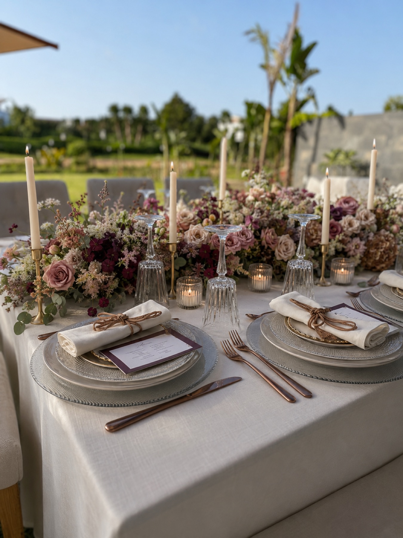 Longue table dressée en extérieur, chemin de fleurs mauves et bordeaux, bougies et cristal taillé